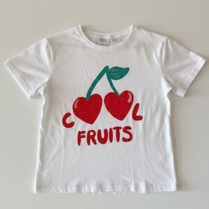 Zara Girls Cherry Graphic Tee “Cool Fruits” – White Red | Size 4-5